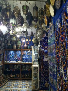 A souk with lamps and jewelry